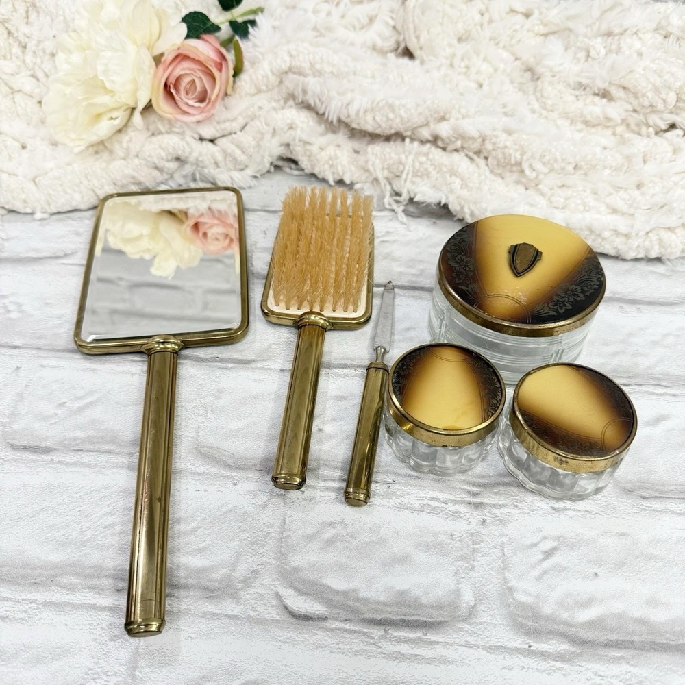 Vtg Floral Vanity Set 6pc Gold Tone Brass Matching Mirror Brush File & 3 Jars